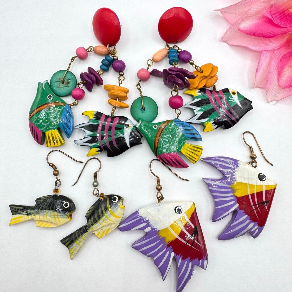 Vintage Fish Earrings Carved Wood Hand Painted Earring Lot Wacky Cute Bright Fun